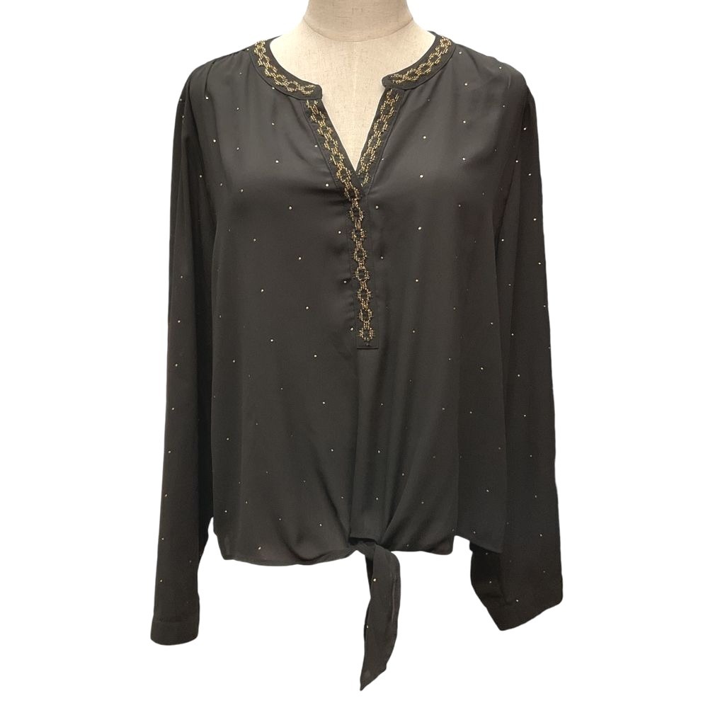 Chico's Womens Beatrix Tie Front Top Blouse Size 3 US XL Black Gold Beaded Bling